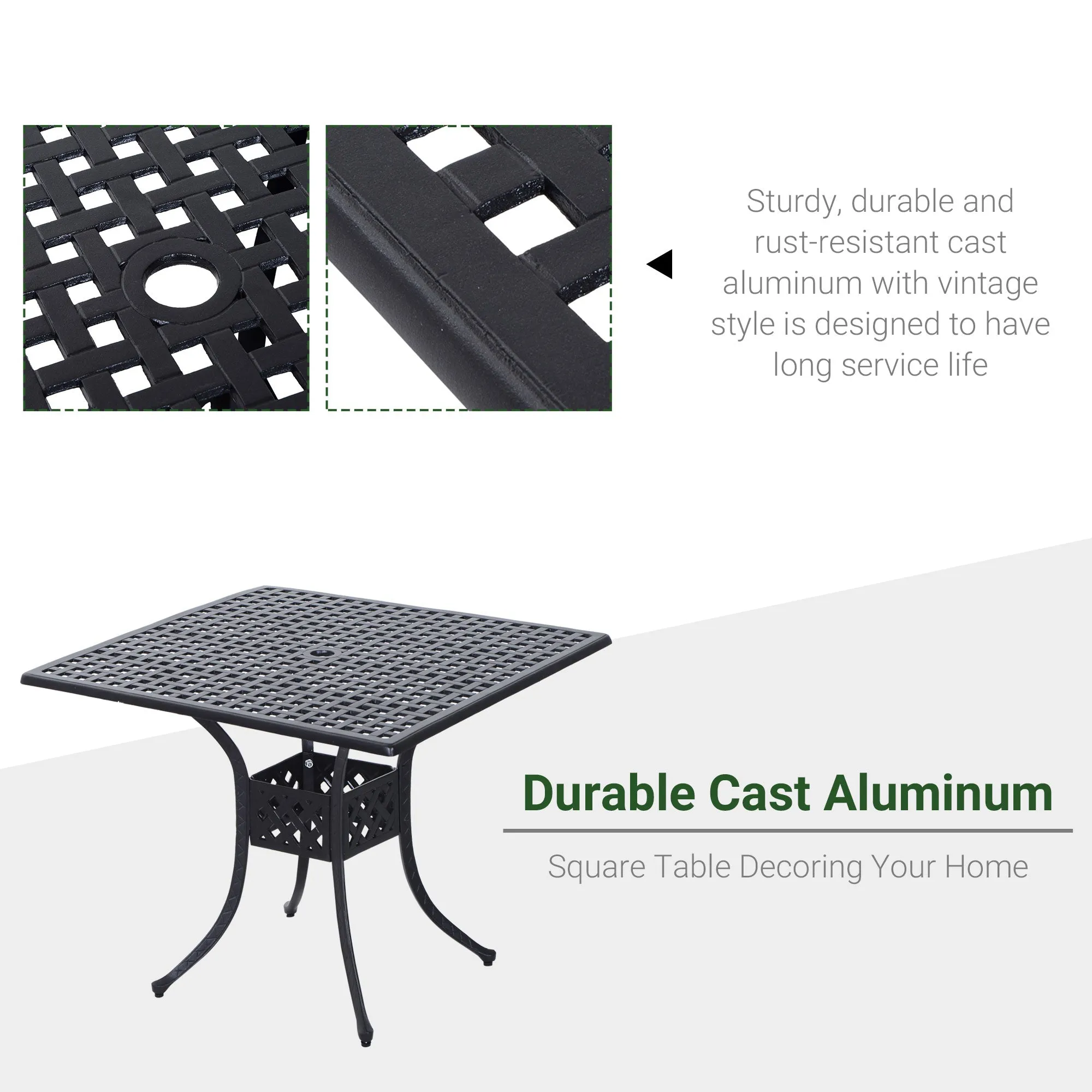 90cm Square Garden Table with Umbrella Hole, Aluminium Grid Motif Outdoor Dining Table for Garden Patio, Black