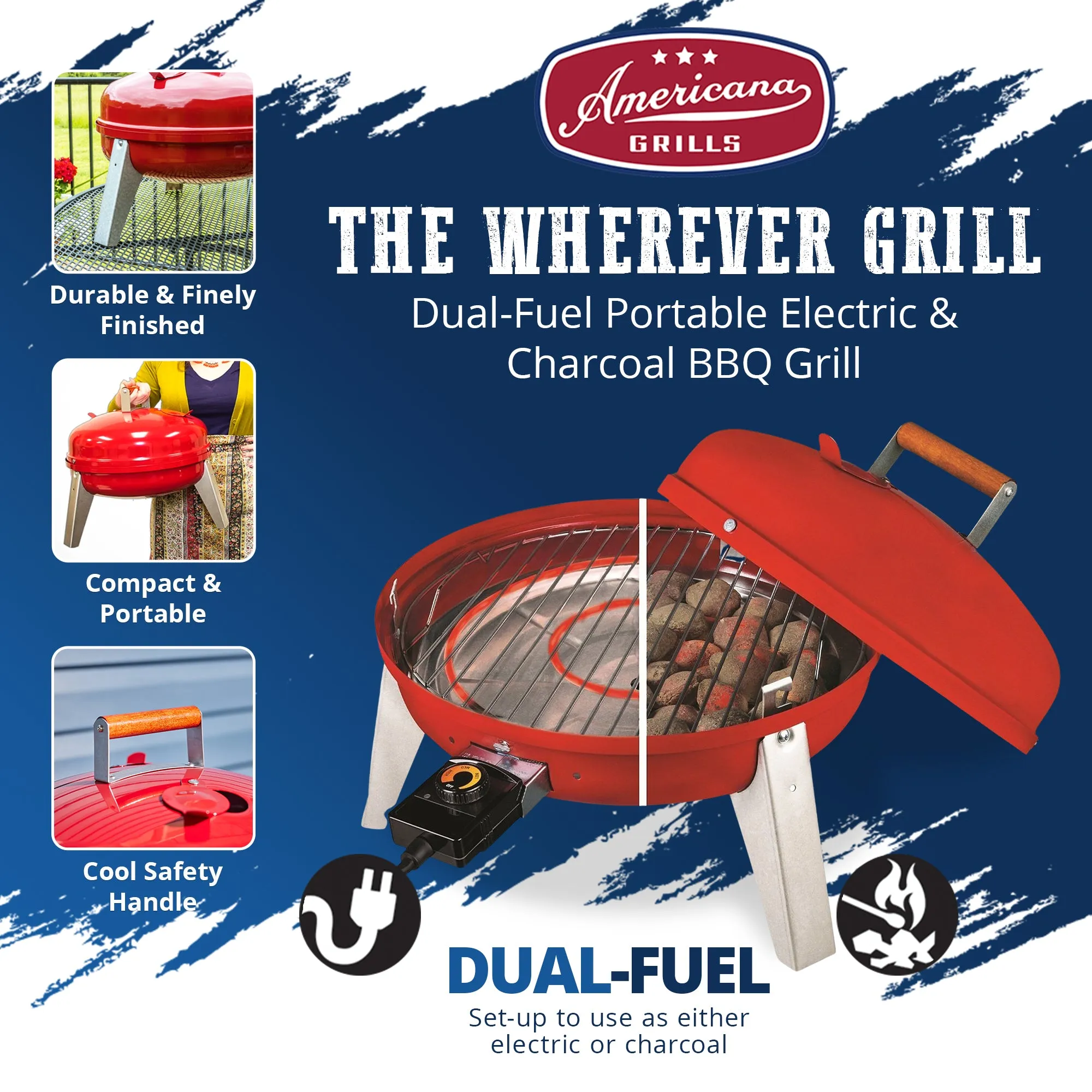 Americana Wherever Grill Dual-Fuel Portable Electric and Charcoal BBQ Grill, Red