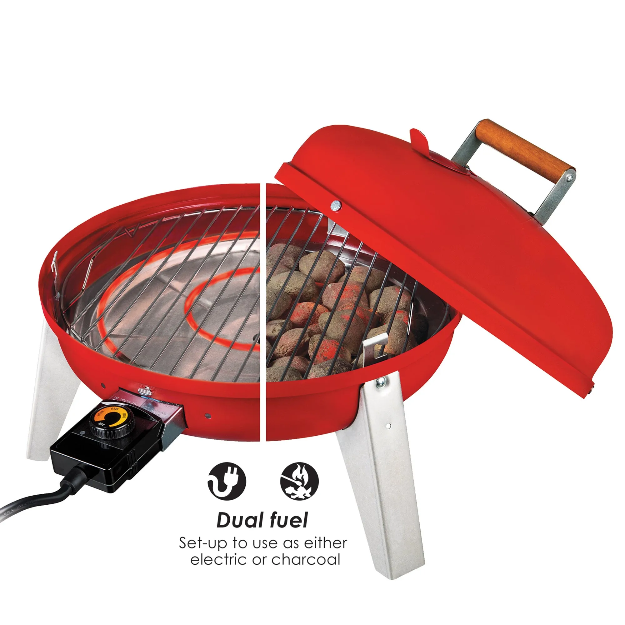 Americana Wherever Grill Dual-Fuel Portable Electric and Charcoal BBQ Grill, Red