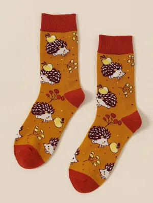 Apple and Hedgehog Crew Socks Funny Socks for Men Novelty Socks Funky Socks Gift