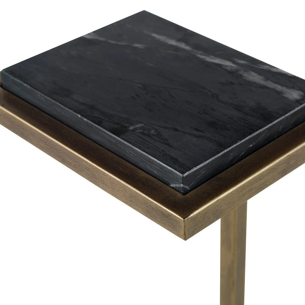 Ario 23 Inch Accent Side Table, Marble Tabletop, Metal Frame, Honed, Gold By Casagear Home