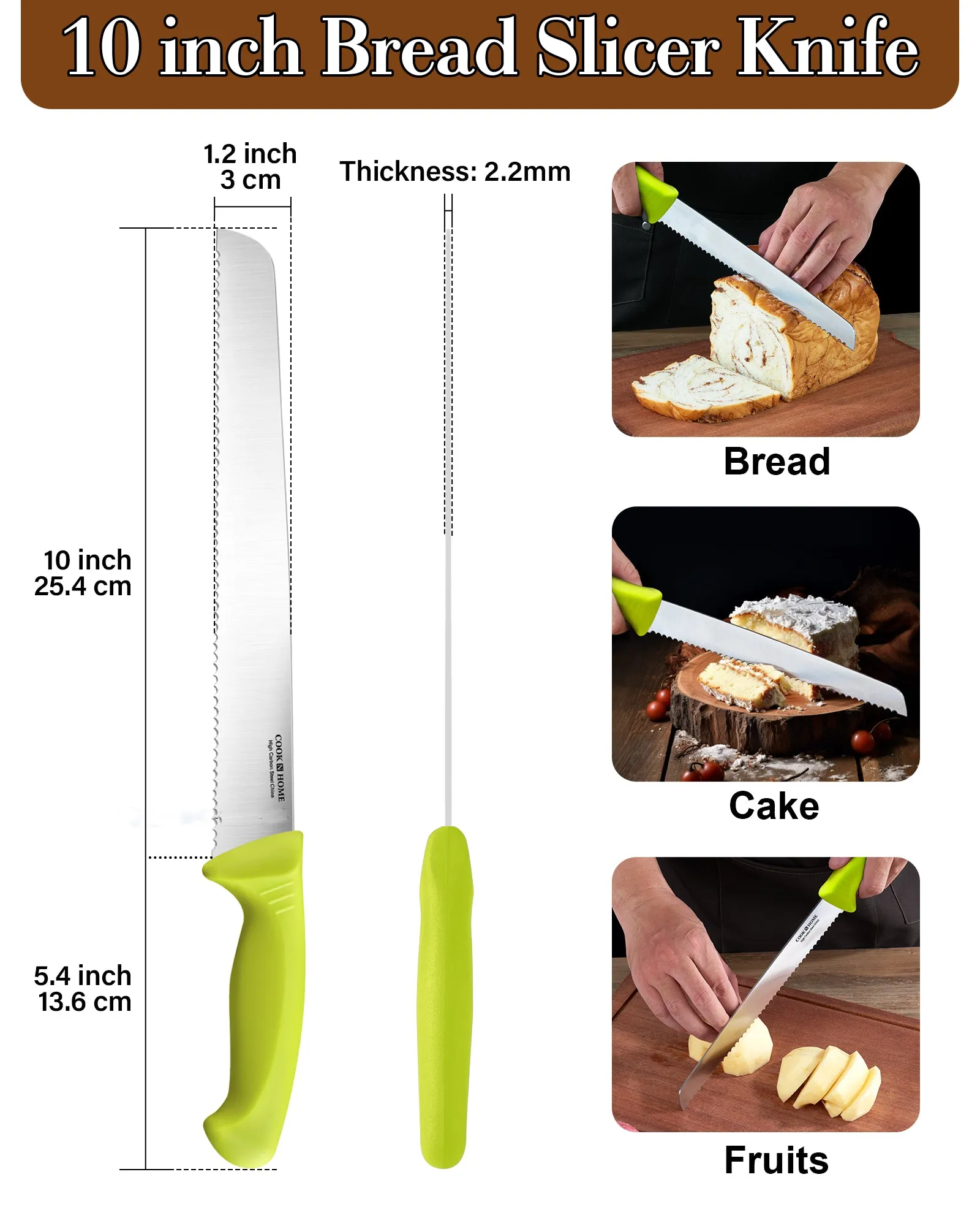 Cook N Home Bread Slicer Knife 10-Inch, Wavy Serrated High Carbon German Stainless Steel Sharp Kitchen Knife, Ergonomic Handle, Green