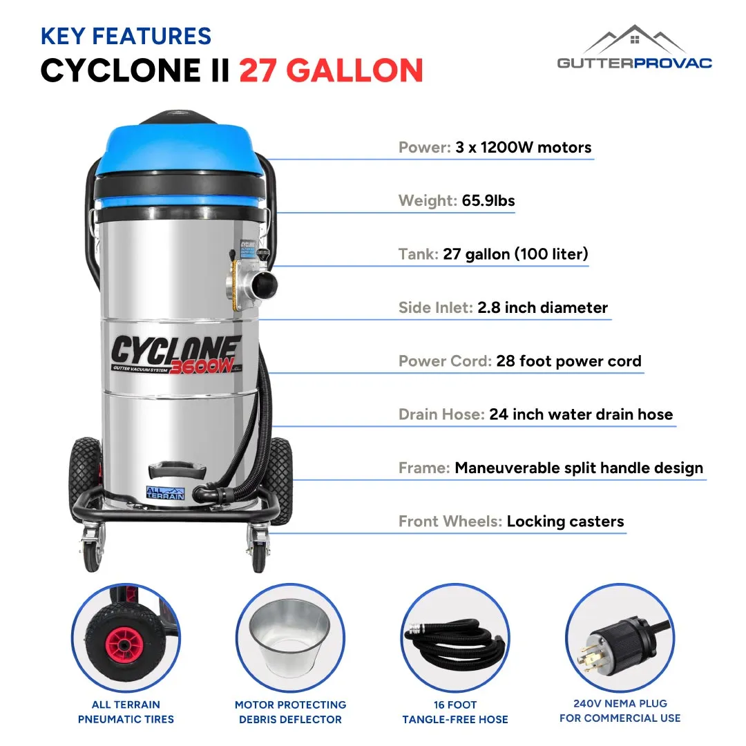 Cyclone II 3600W Stainless Steel 27 Gallon All Terrain Gutter Vacuum with 20 Foot Carbon Clamping Poles and Bag