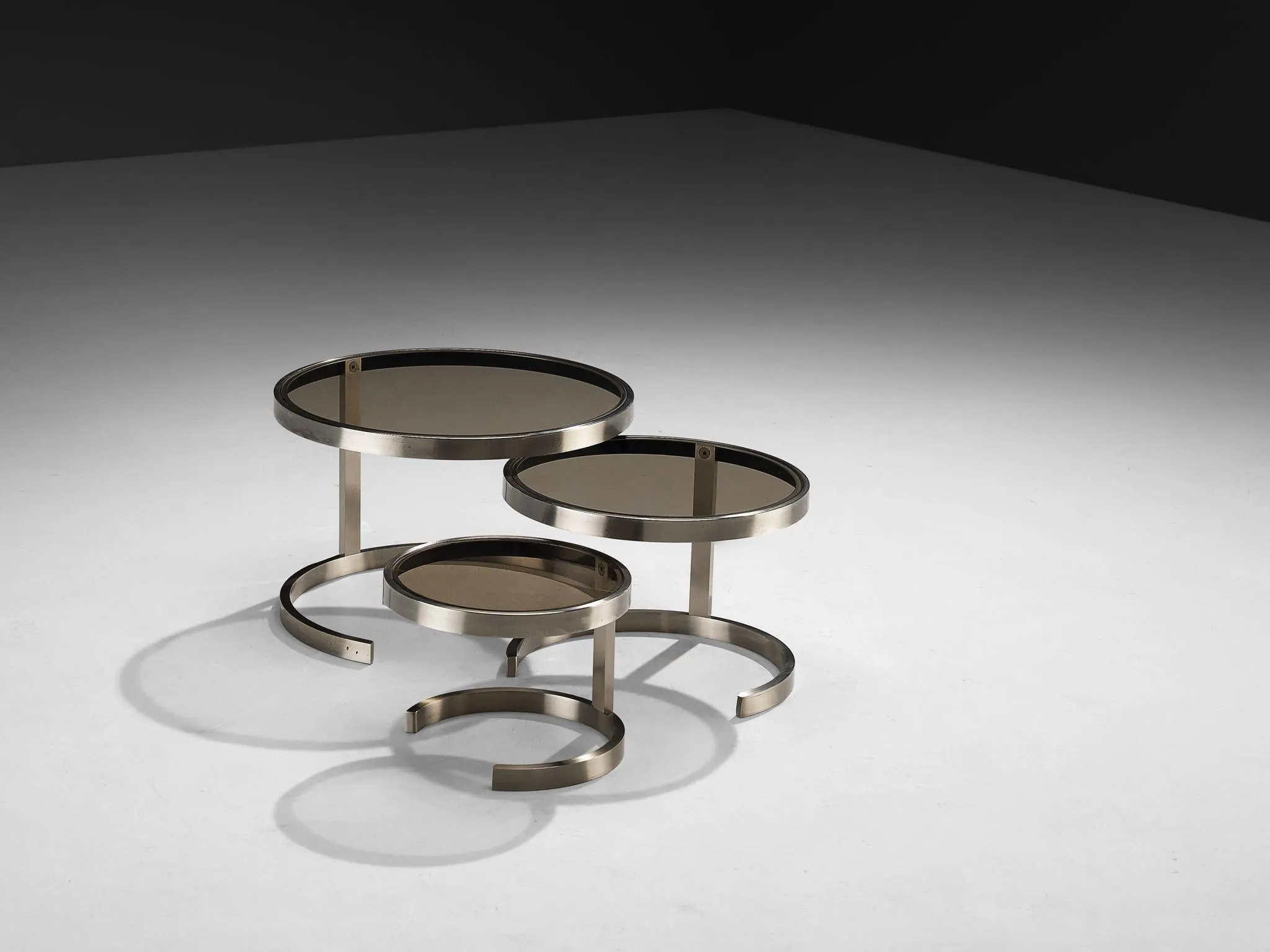 French Set of Three Nesting Tables in Steel and Smoked Glass