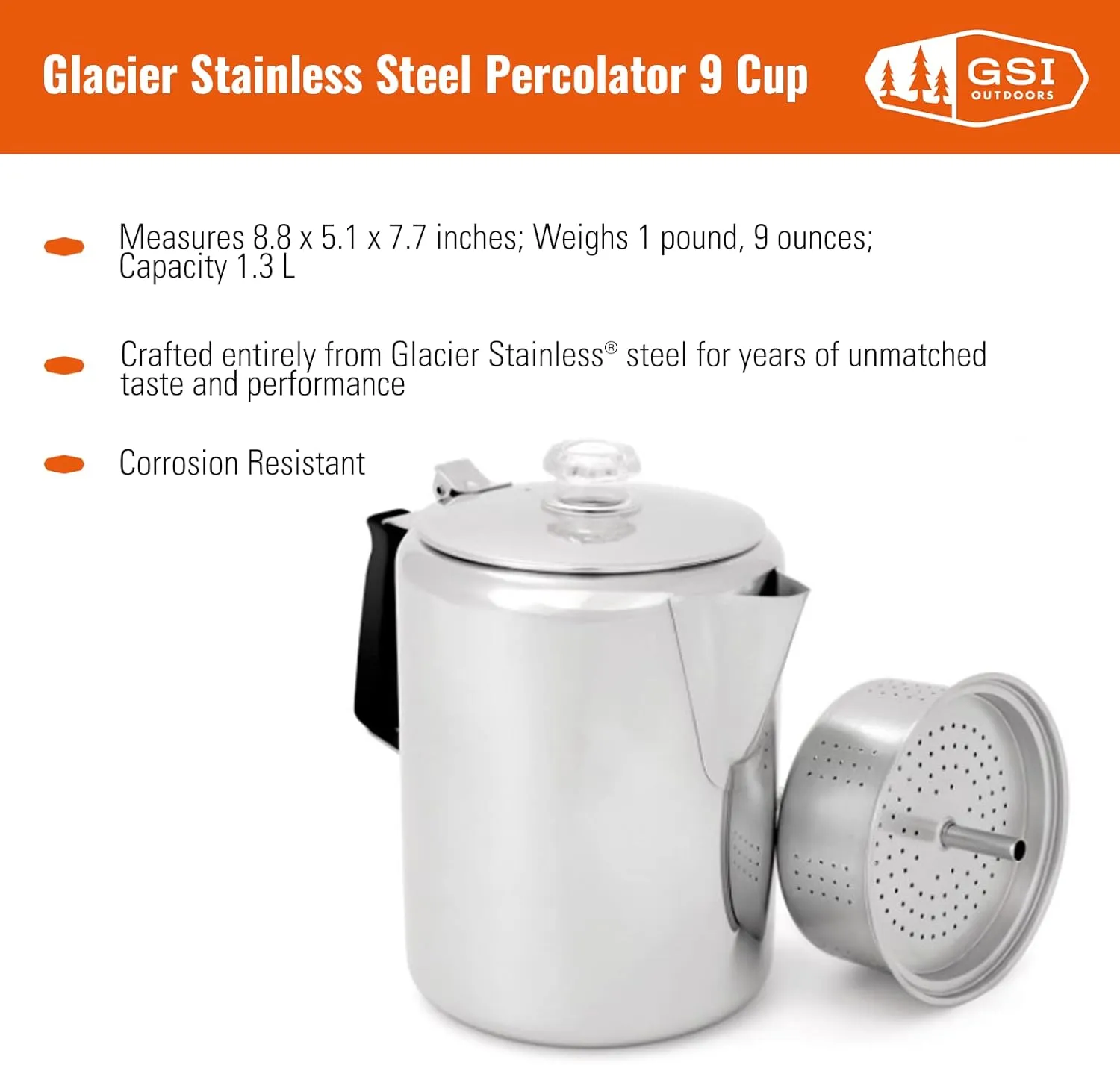 GSI Outdoors Percolator Coffee Pot I Glacier Stainless Steel with Silicone Handle for Camping, Backpacking, Travel, RV & Hunting - Stove Safe