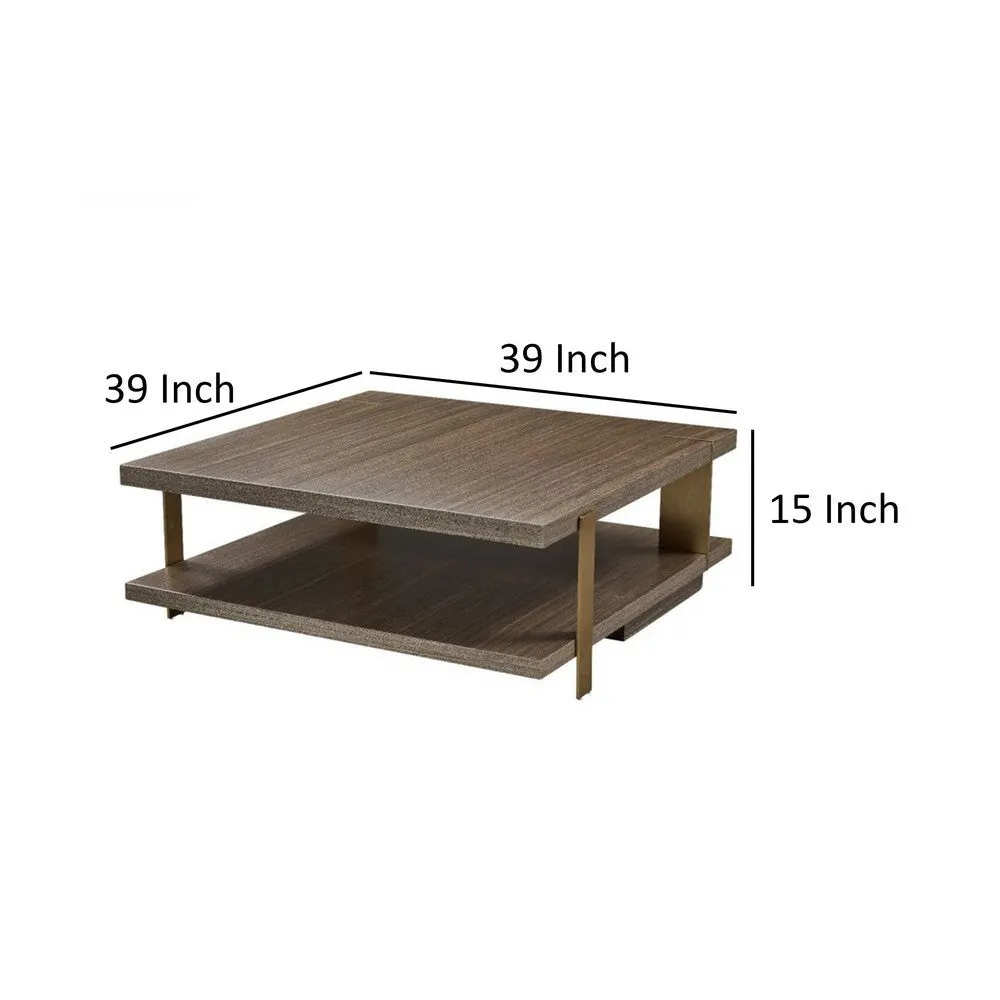 Hugo Coffee Table, 39 Inch Square, Lower Shelf, Brown Wood, Metal Frame By Casagear Home