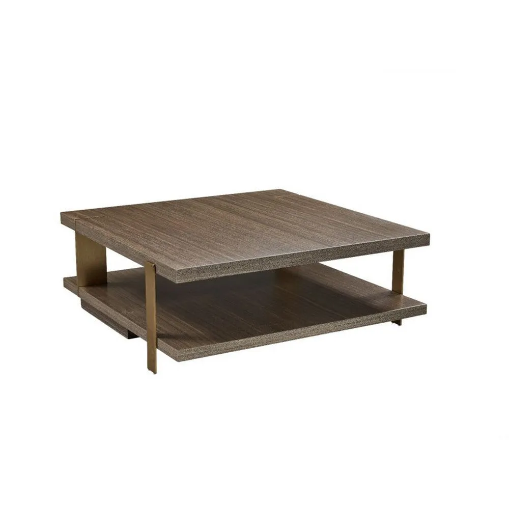 Hugo Coffee Table, 39 Inch Square, Lower Shelf, Brown Wood, Metal Frame By Casagear Home