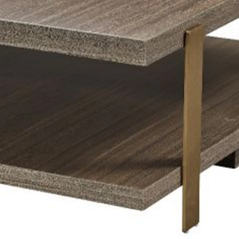 Hugo Coffee Table, 39 Inch Square, Lower Shelf, Brown Wood, Metal Frame By Casagear Home