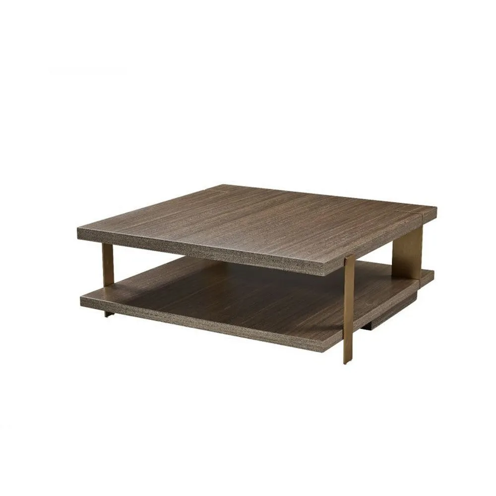 Hugo Coffee Table, 39 Inch Square, Lower Shelf, Brown Wood, Metal Frame By Casagear Home