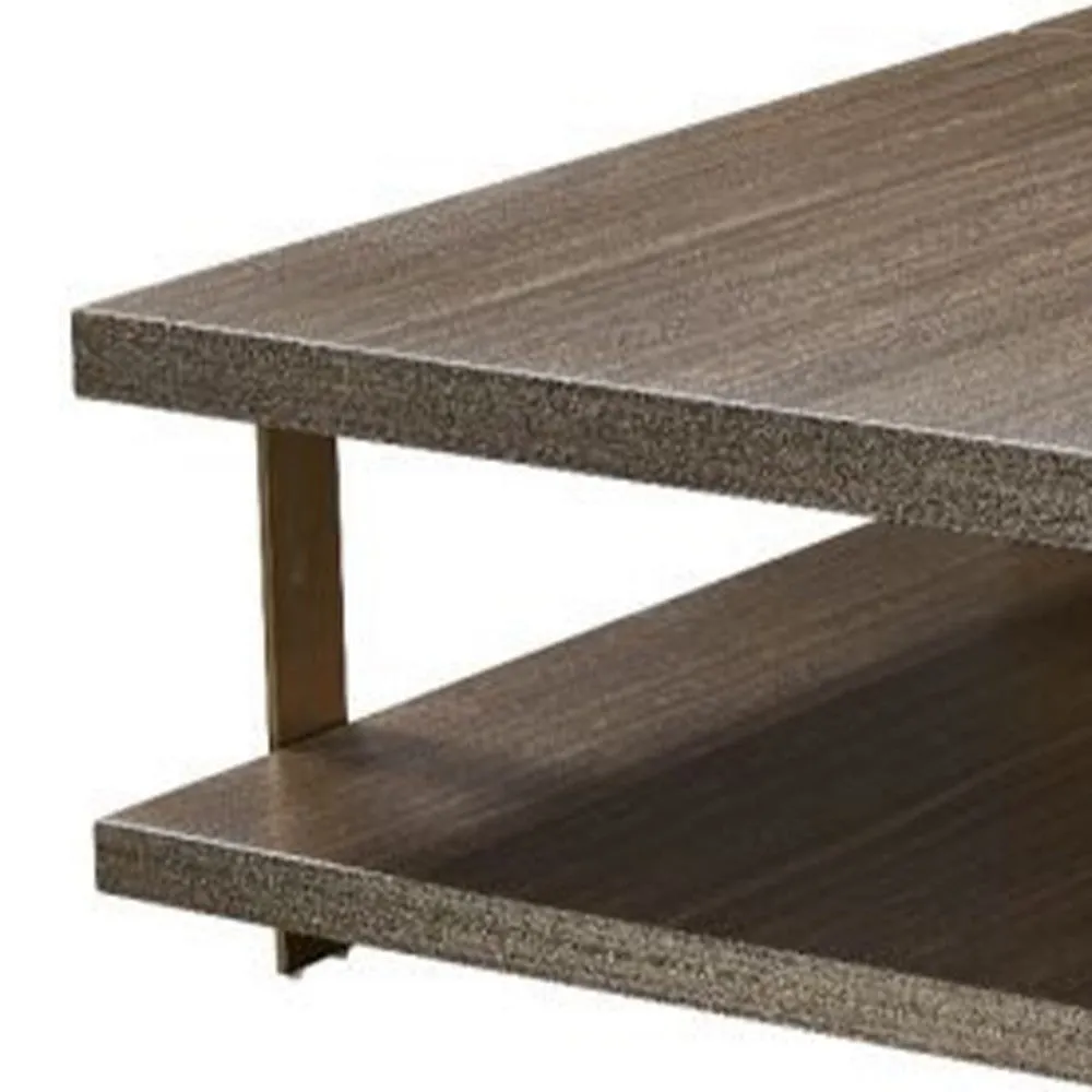 Hugo Coffee Table, 39 Inch Square, Lower Shelf, Brown Wood, Metal Frame By Casagear Home