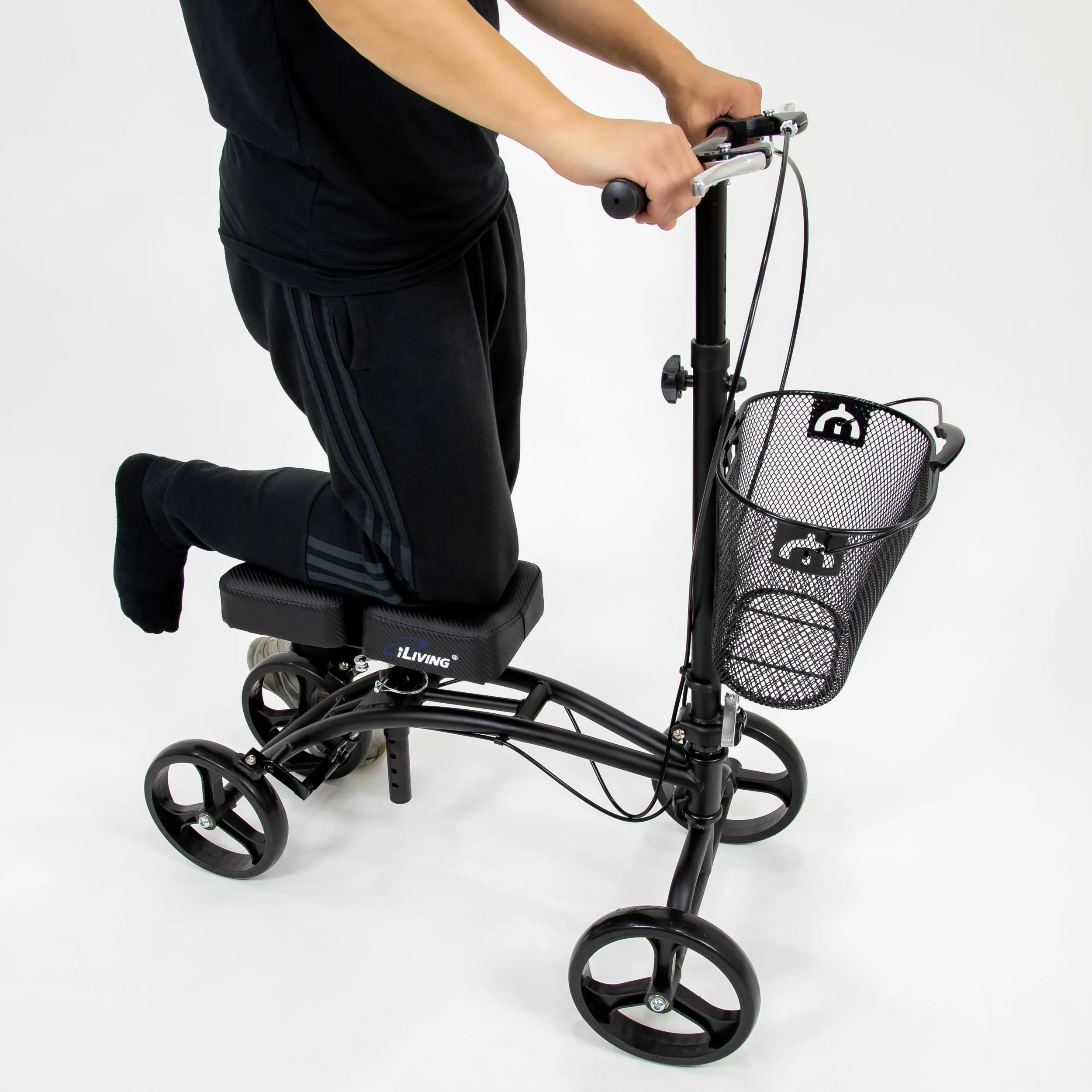 ILG-611 - iLiving Mobility Steerable Deluxe Knee Walker/Scooter with Basket, Adjustable Pads and Tiller with Dual Braking, Matted Black