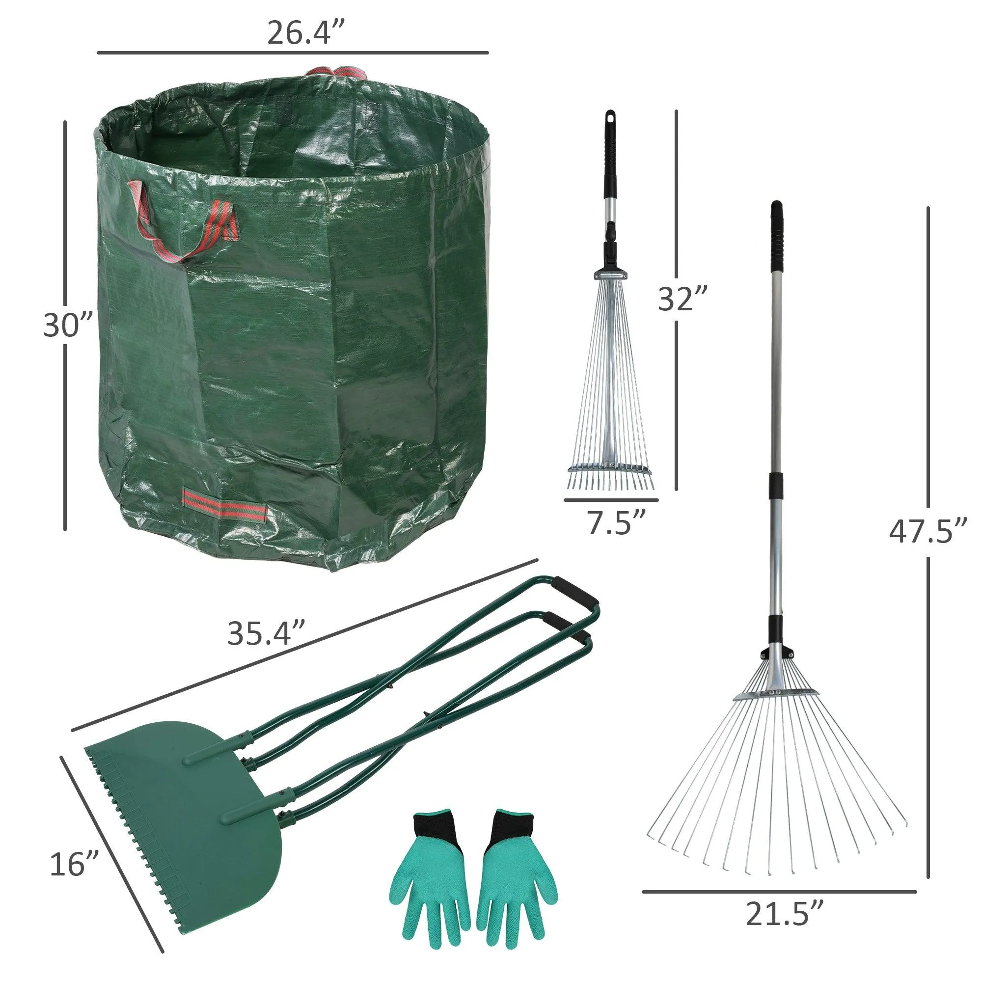 Metal Leaf Rake Set, Comes with Large Leaf Scoop, 2 Garden Bags, 1 Pair of Work Gloves, Leaf Clean-Up Tool