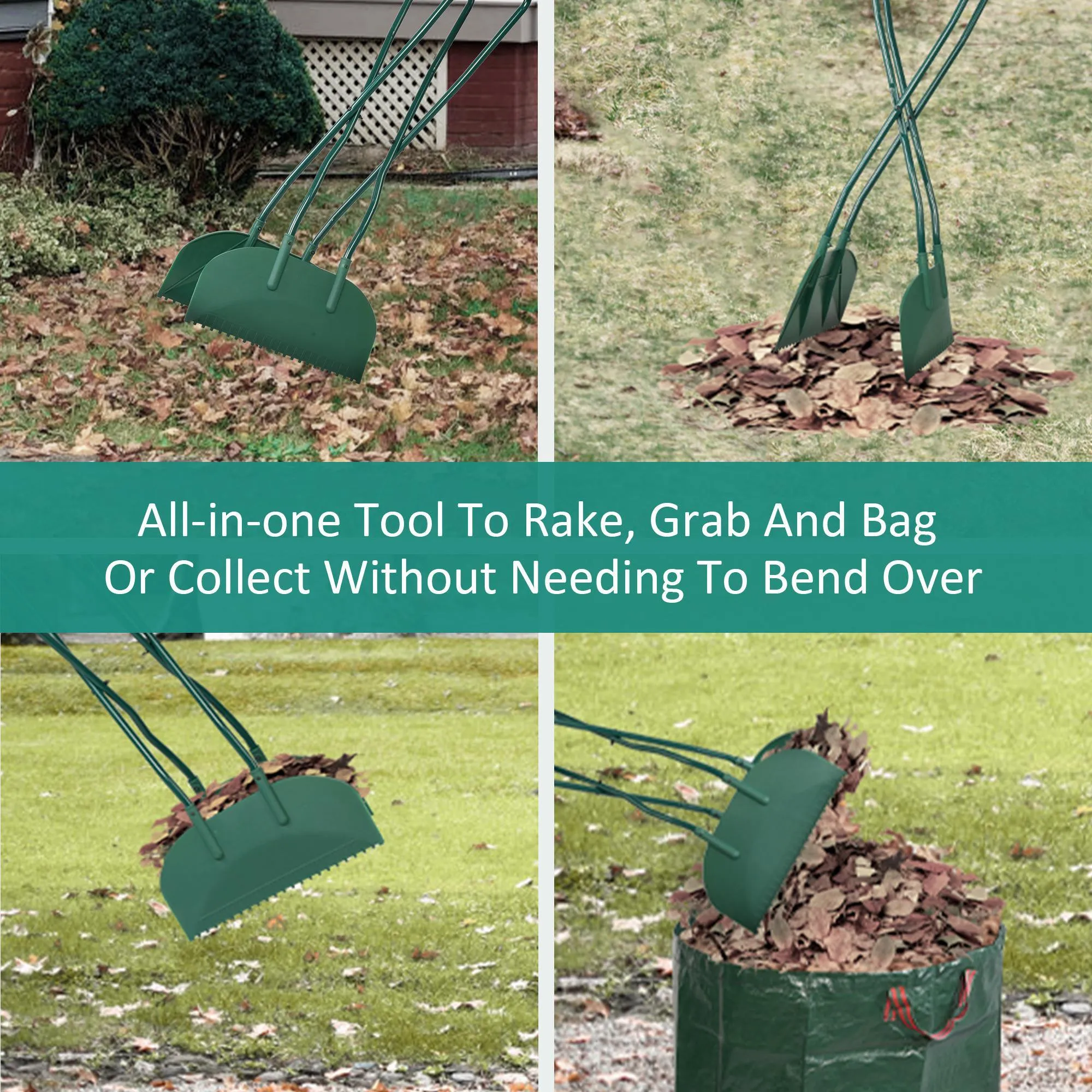 Metal Leaf Rake Set, Comes with Large Leaf Scoop, 2 Garden Bags, 1 Pair of Work Gloves, Leaf Clean-Up Tool