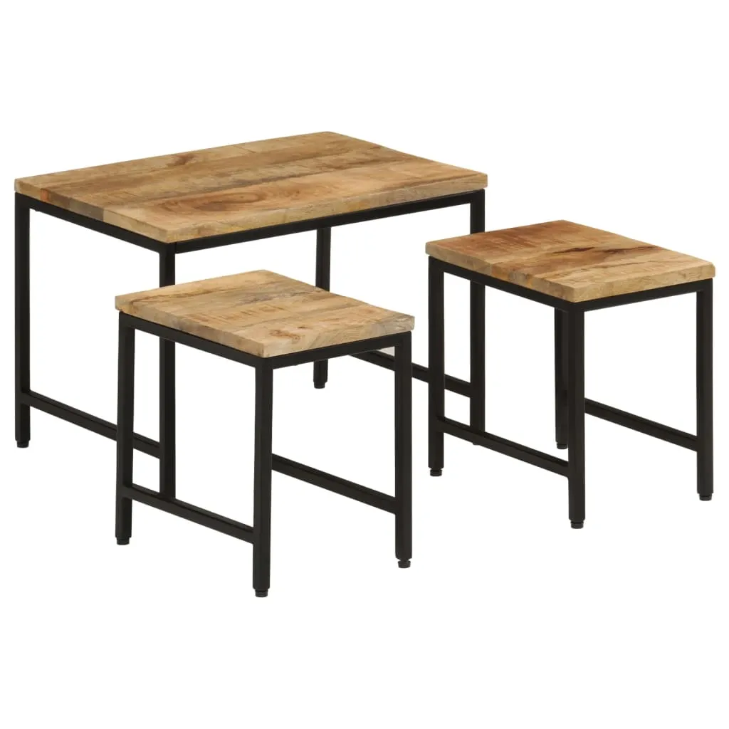 Nesting Coffee Tables 3 pcs Solid Rough Mango Wood and Iron