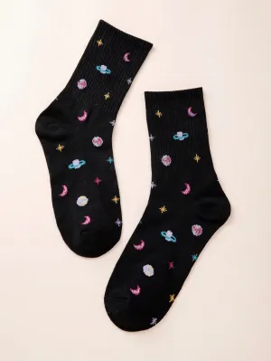 Planet & Star Pattern Black Crew Socks Silly Socks for Women Funky Socks Funny