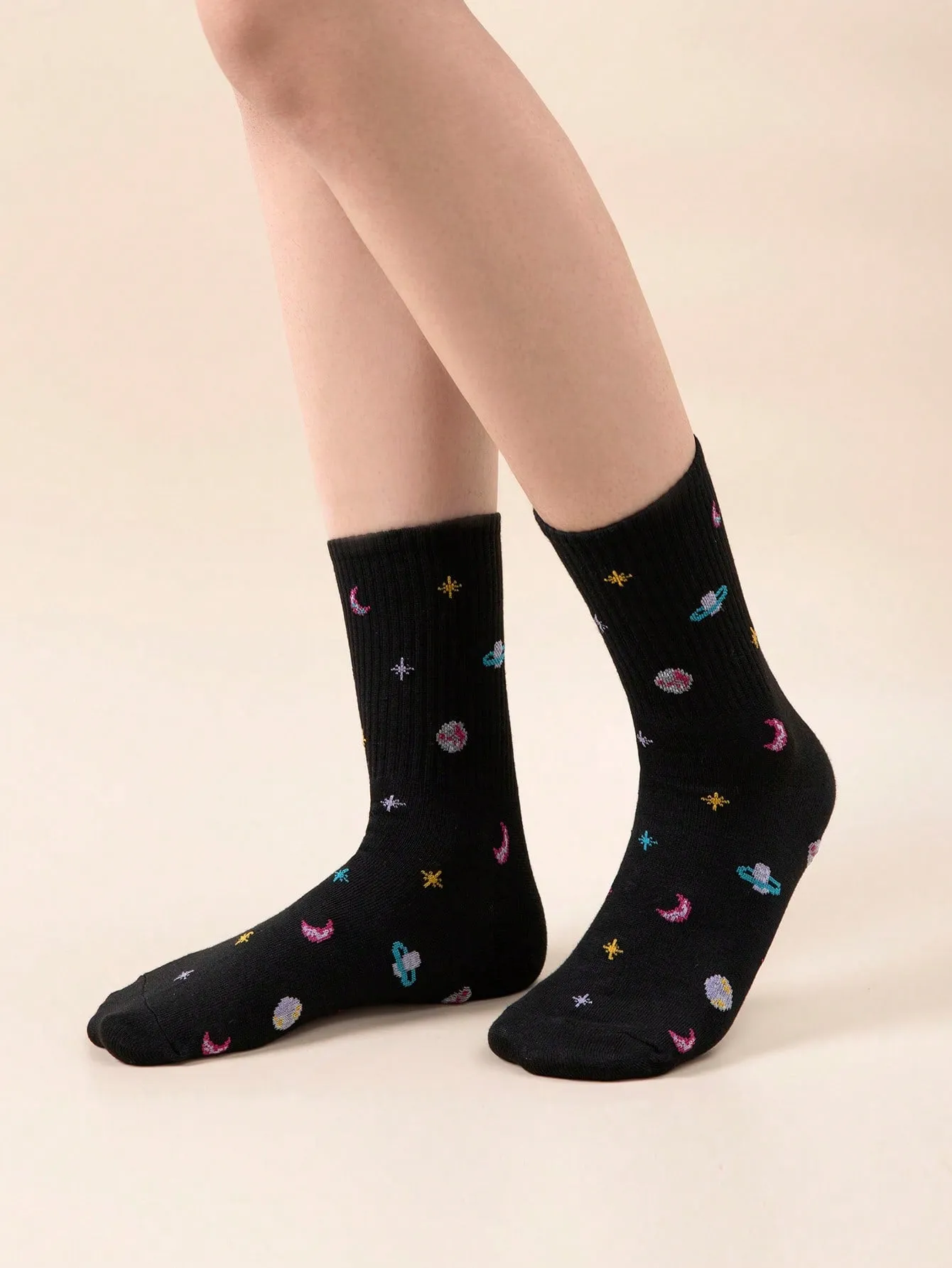 Planet & Star Pattern Black Crew Socks Silly Socks for Women Funky Socks Funny