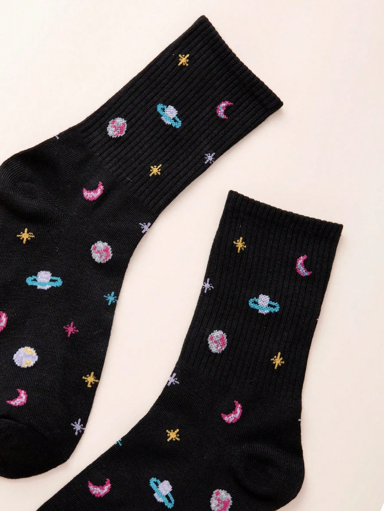 Planet & Star Pattern Black Crew Socks Silly Socks for Women Funky Socks Funny