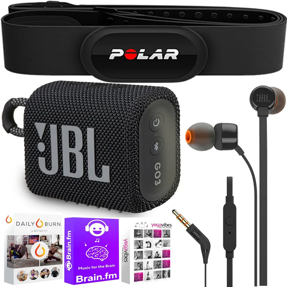 Polar Improved Connectivity H10 Heart Rate Sensor Monitor with JBL Go 3 Portable Bluetooth Speaker Accessory Kit