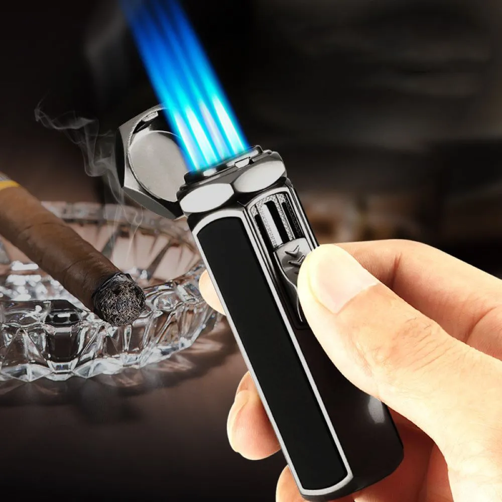 Quad Flame Hexagon Shape Cigar Lighter - Shiny Metal, Windproof, Refillable Butane Adjustable Jet Torch Lighter