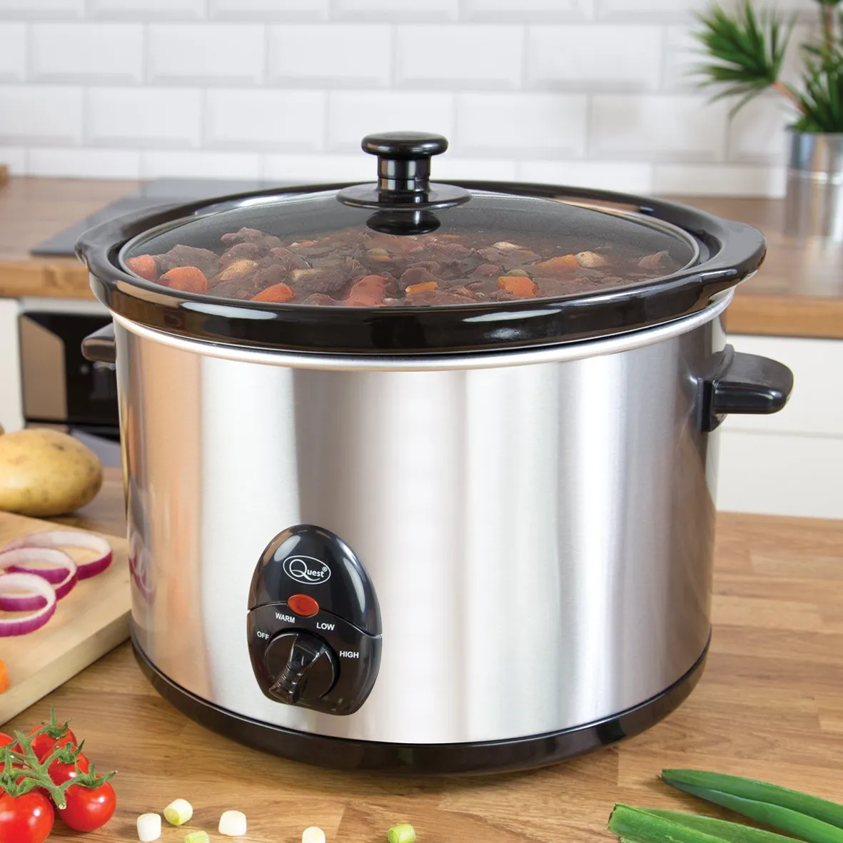 Quest 35280 Slow Cooker / 5 Litres/Compact Stainless Steel / 320W / 3 Temperature Settings/Transparent Toughened Glass Lid/Dishwasher Safe