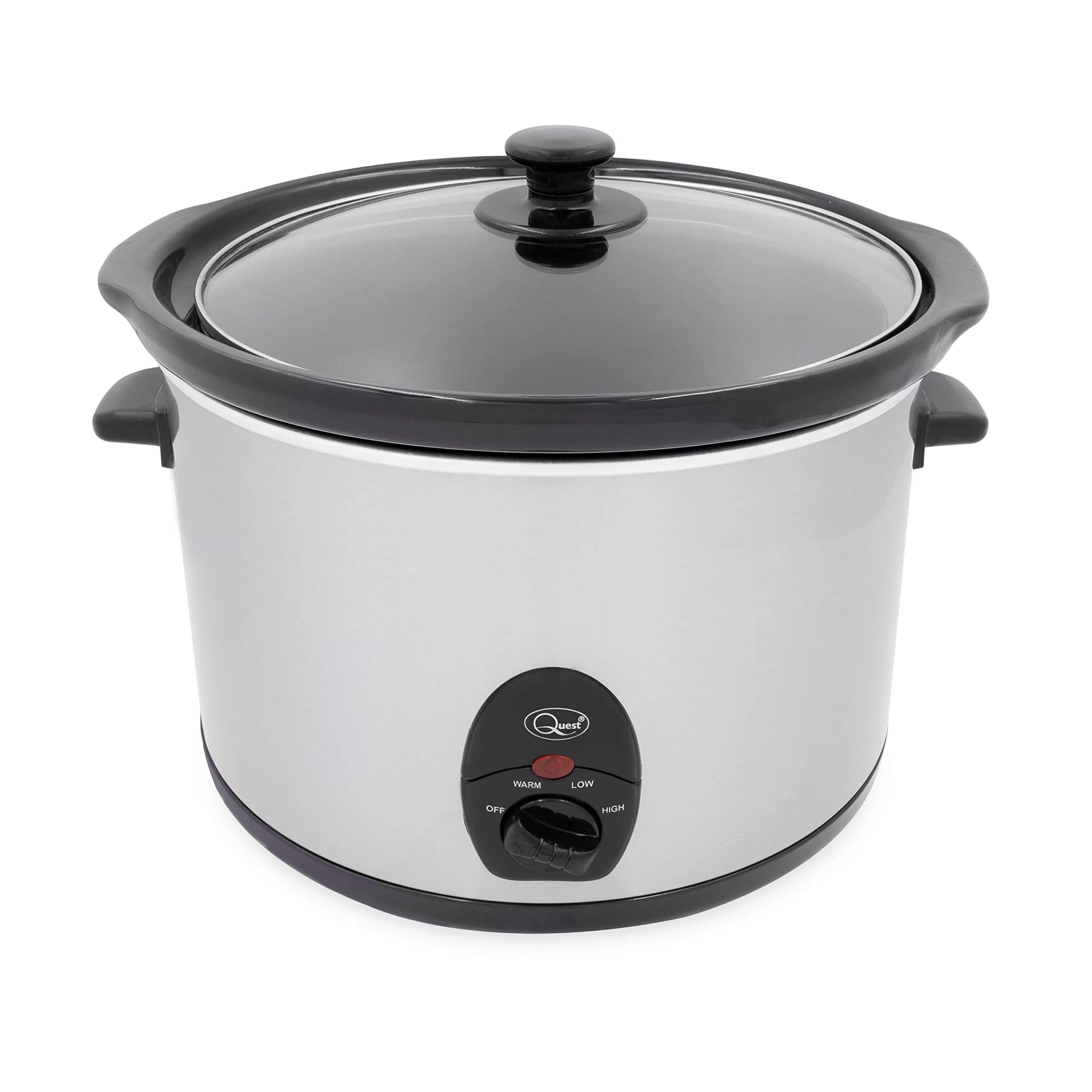 Quest 35280 Slow Cooker / 5 Litres/Compact Stainless Steel / 320W / 3 Temperature Settings/Transparent Toughened Glass Lid/Dishwasher Safe