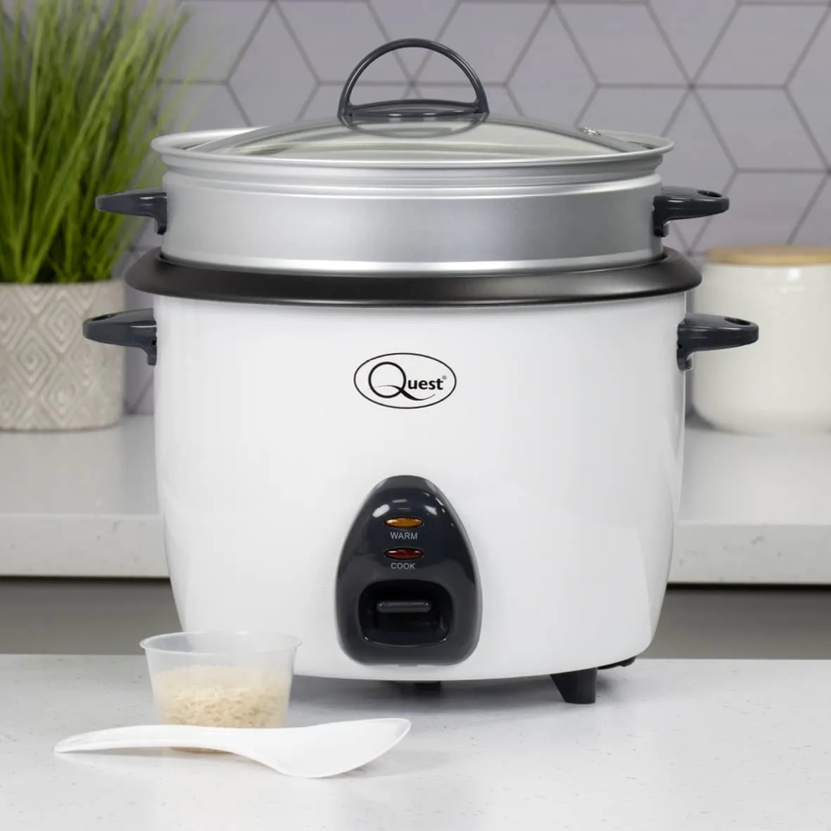 Quest 900W Rice Cooker & Steamer with Keep Warm Function, 2.2L/Non-Stick Inner Pot/Cooks Rice & Makes Healthy Steamed Vegetables/Includes Spatula & Measuring Cup