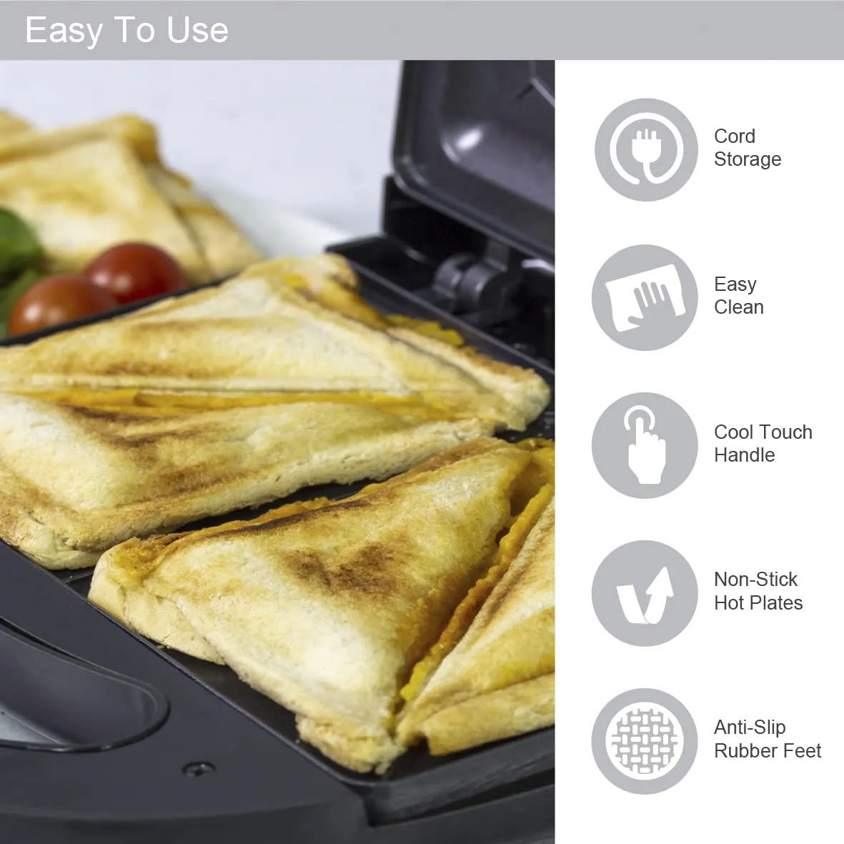 Quest Toastie Maker Sandwich Toaster Black/Easy Clean Non Stick Plates/Cool Touch Handle/750W/35129