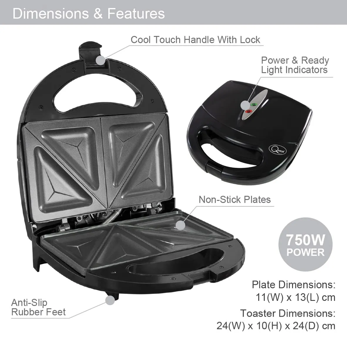 Quest Toastie Maker Sandwich Toaster Black/Easy Clean Non Stick Plates/Cool Touch Handle/750W/35129