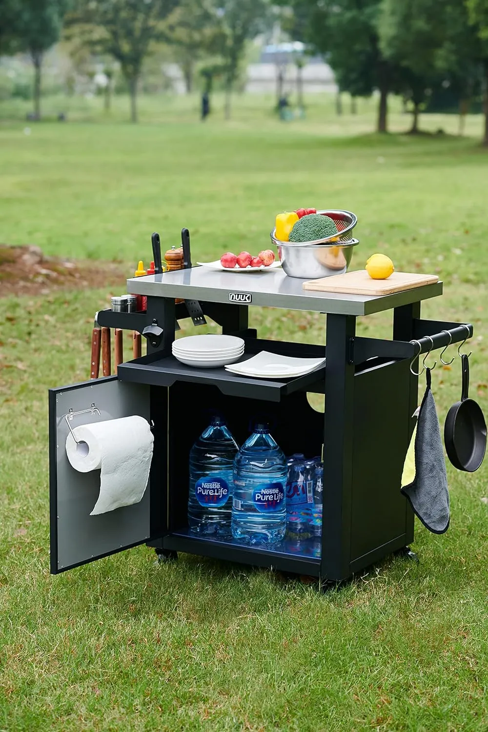 Rolling Prep Station, 20" x 30" Stainless Steel Kitchen Storage Island with Enclosed Cabinet and Storage Drawer