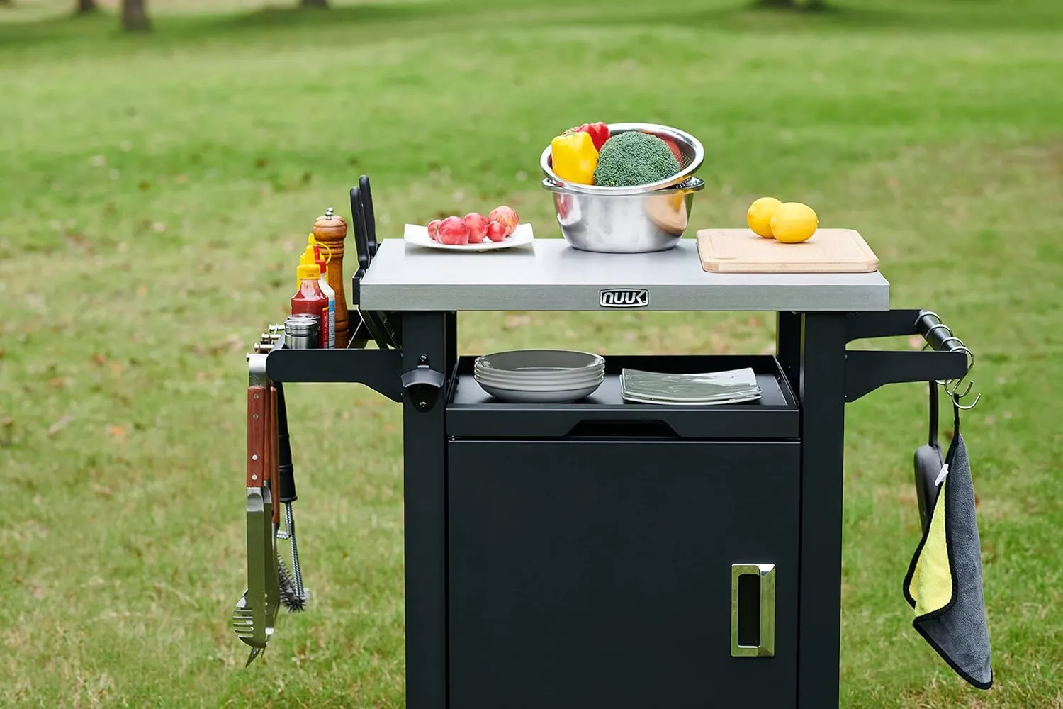 Rolling Prep Station, 20" x 30" Stainless Steel Kitchen Storage Island with Enclosed Cabinet and Storage Drawer