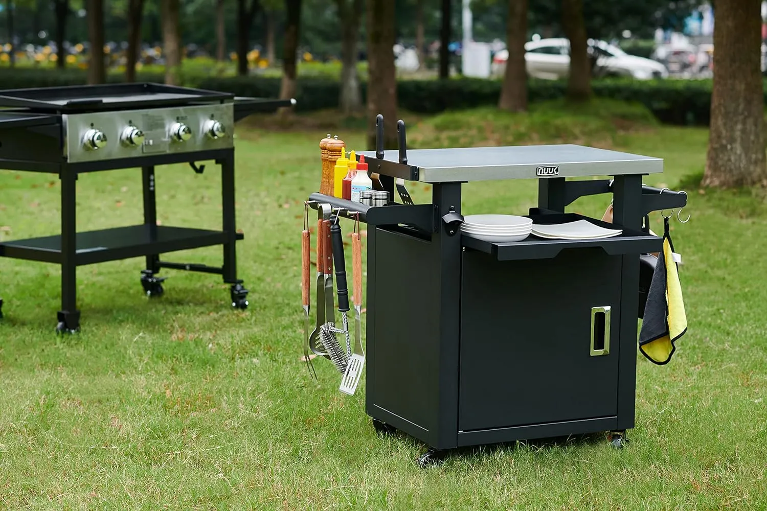 Rolling Prep Station, 20" x 30" Stainless Steel Kitchen Storage Island with Enclosed Cabinet and Storage Drawer