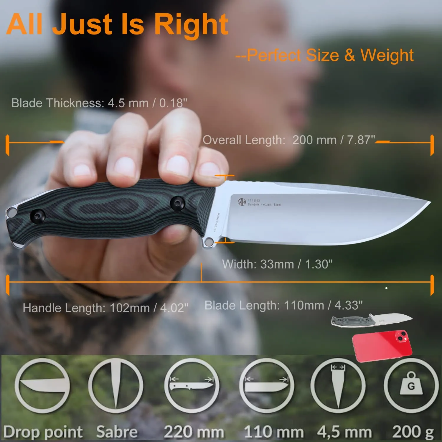 Ruike Camping Small Fixed Blade Knife with Sheath 360 Rotate, 14c28n Tactical Full-tang Large Big Stainless Steel,Hunting Survival Bushcraft Top Hiking Tool,Men EDC Outdoor Belt Hidden Horizontal Case