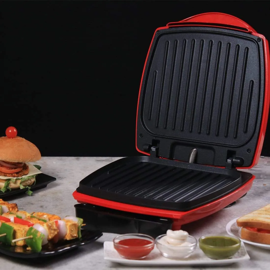 Sanjeev Kapoor Tandoor Burger And Grill Master, Non-stick Grilling Plates, Die-cast Aluminium, Transparent Bun Warmer, 1 Year Warranty