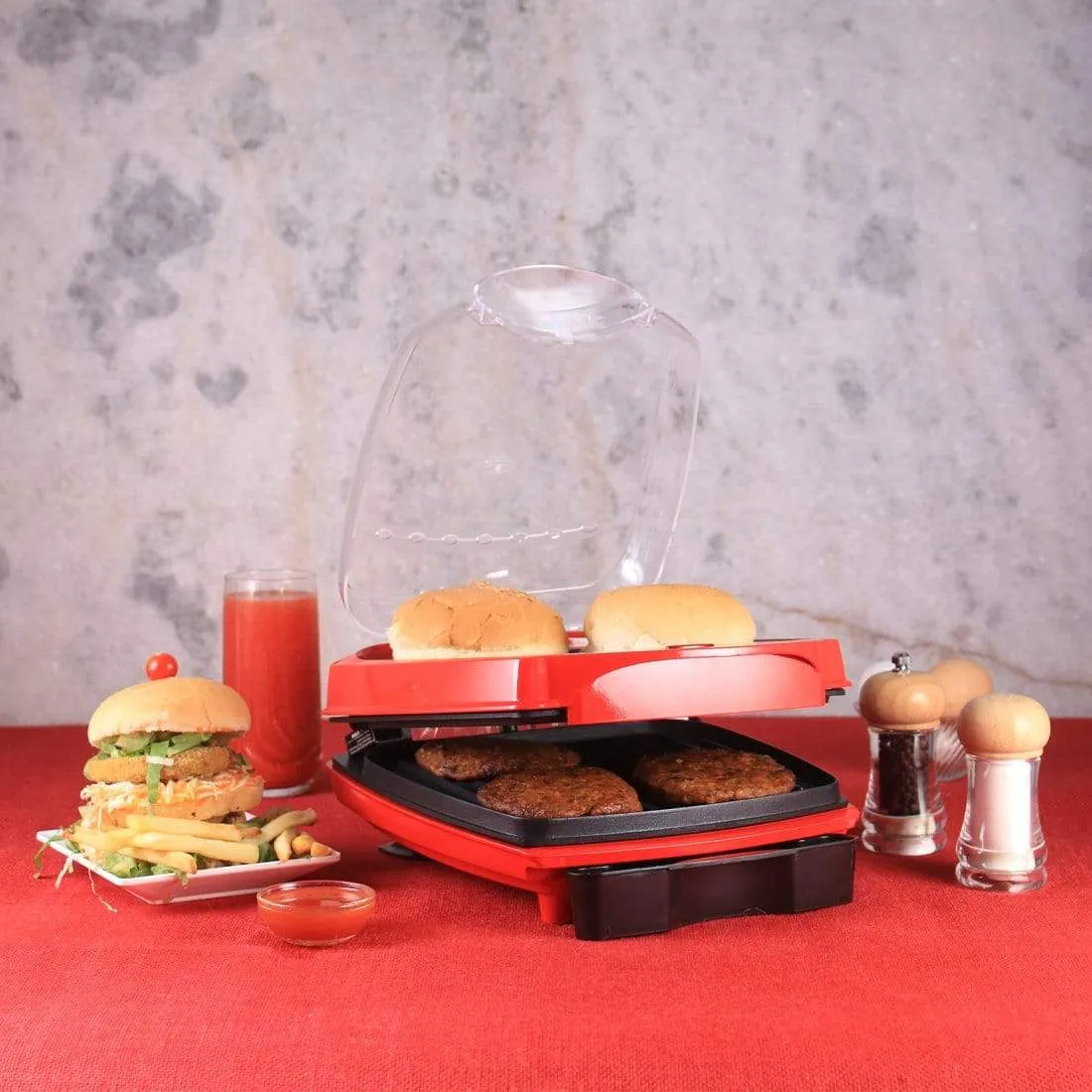 Sanjeev Kapoor Tandoor Burger And Grill Master, Non-stick Grilling Plates, Die-cast Aluminium, Transparent Bun Warmer, 1 Year Warranty