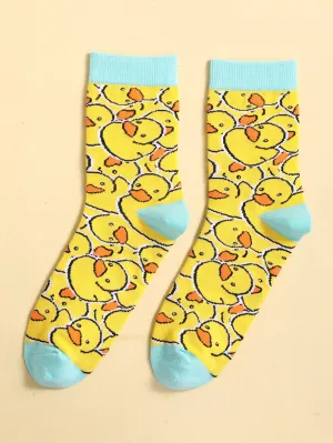 Yellow Duck Pattern Crew Socks Silly Socks for Women Funky Socks Funny Socks